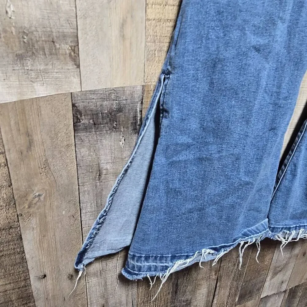 Shyanne Mid Release Hem Side Slit Flare Wide Leg Jeans 29 Western Rodeo Distress - Picture 4 of 7